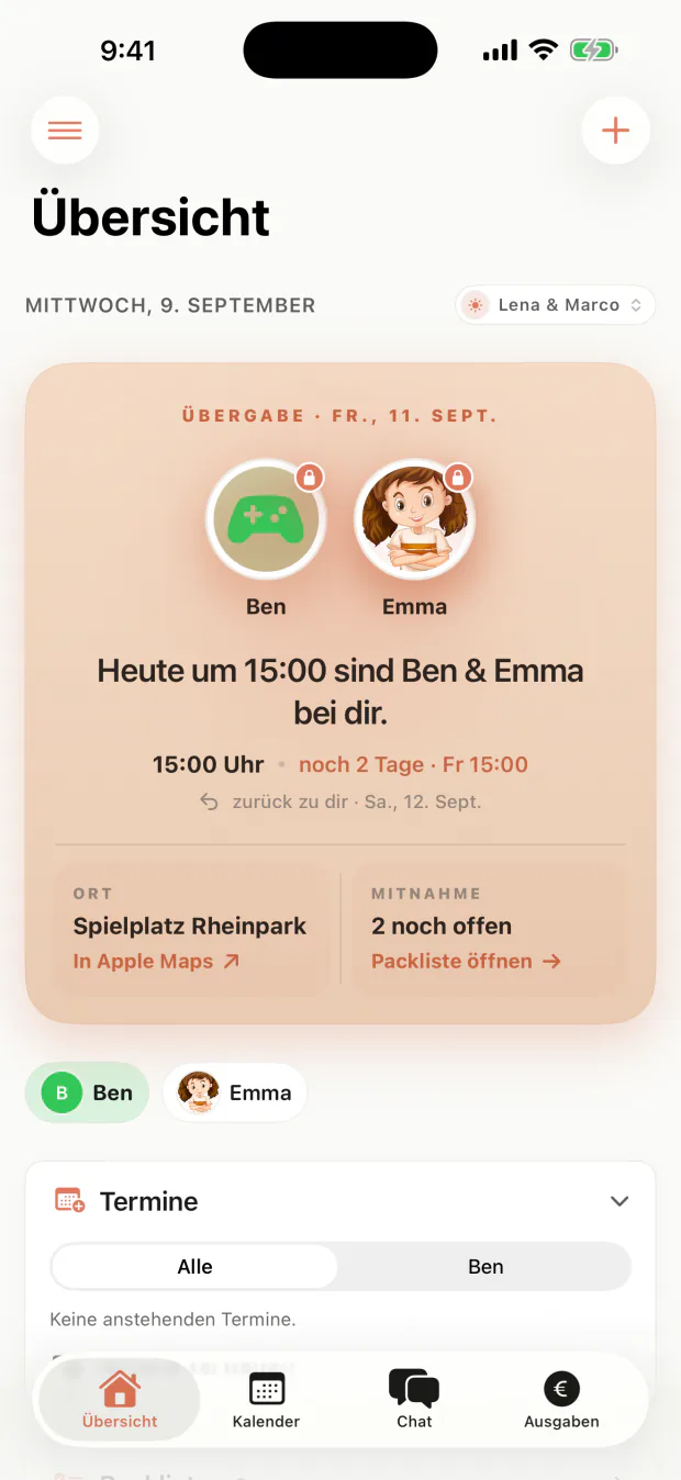 Illustrative coParents-App-Ansicht: Übersicht — Wer hat heute die Kinder — und was muss mit.