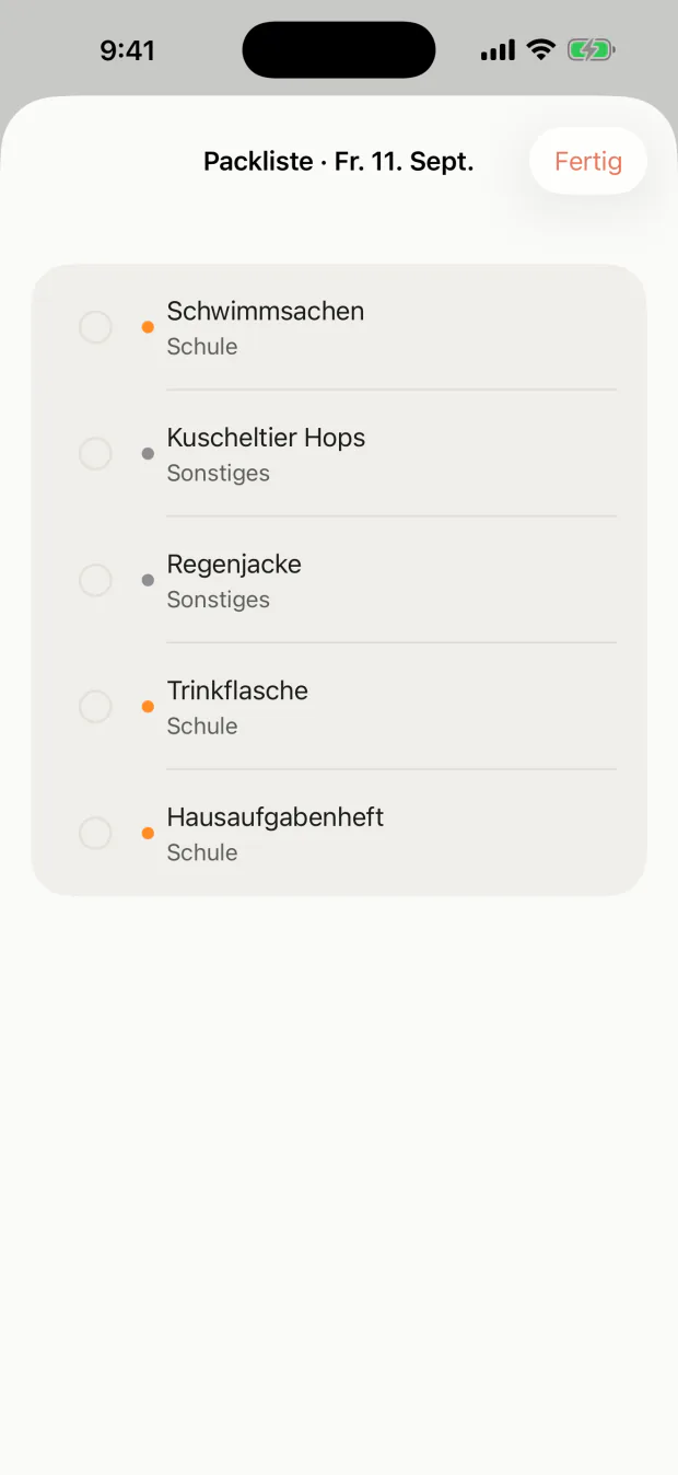 Illustrative coParents-App-Ansicht: Packliste — Die Tasche für die nächste Übergabe.