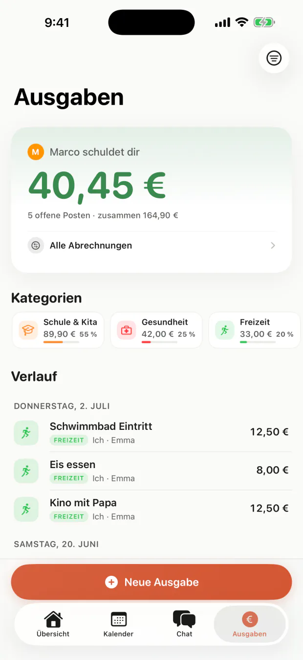 Illustrative coParents-App-Ansicht: Ausgaben — Geteilte Kosten und ein klarer Saldo.