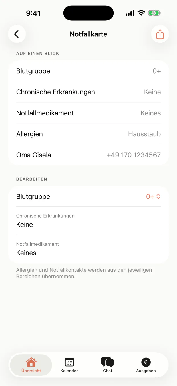Illustrative coParents-App-Ansicht: Notfallkarte — Das Wichtigste, wenn es schnell gehen muss.